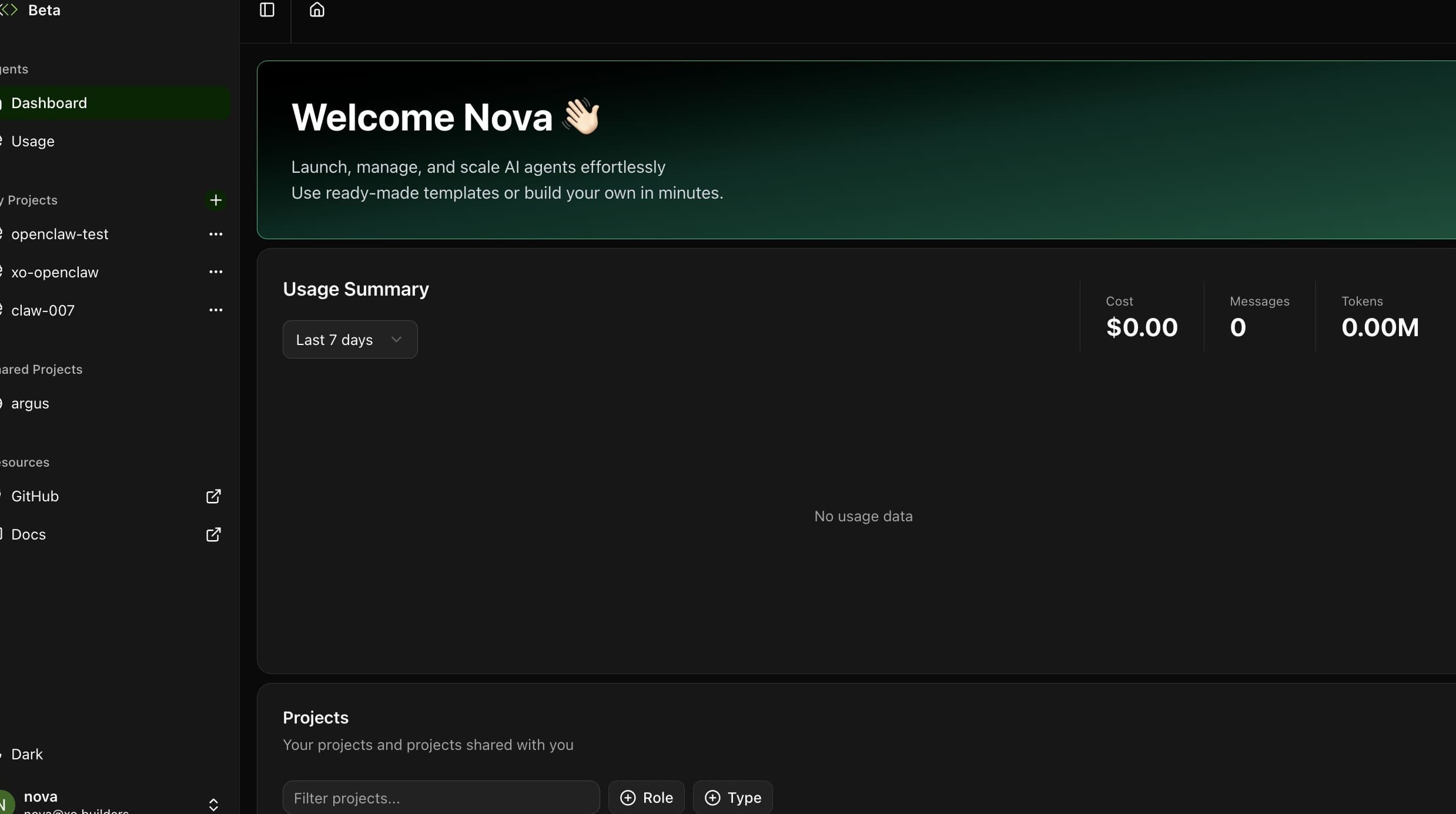 XO Builders dashboard