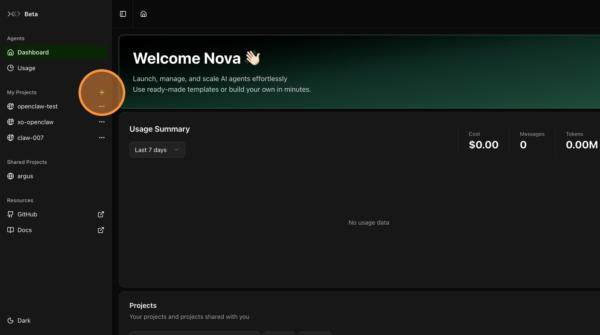 Click the + icon to create a new project