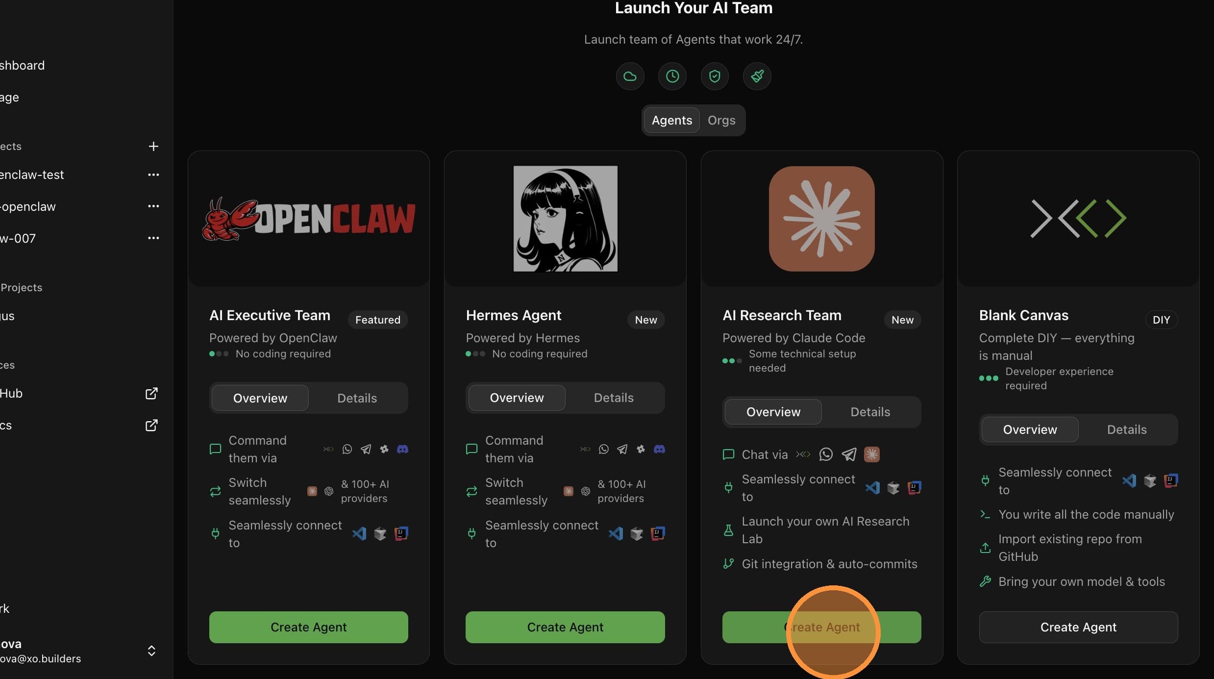 Click Create Agent on the AI Research Team template