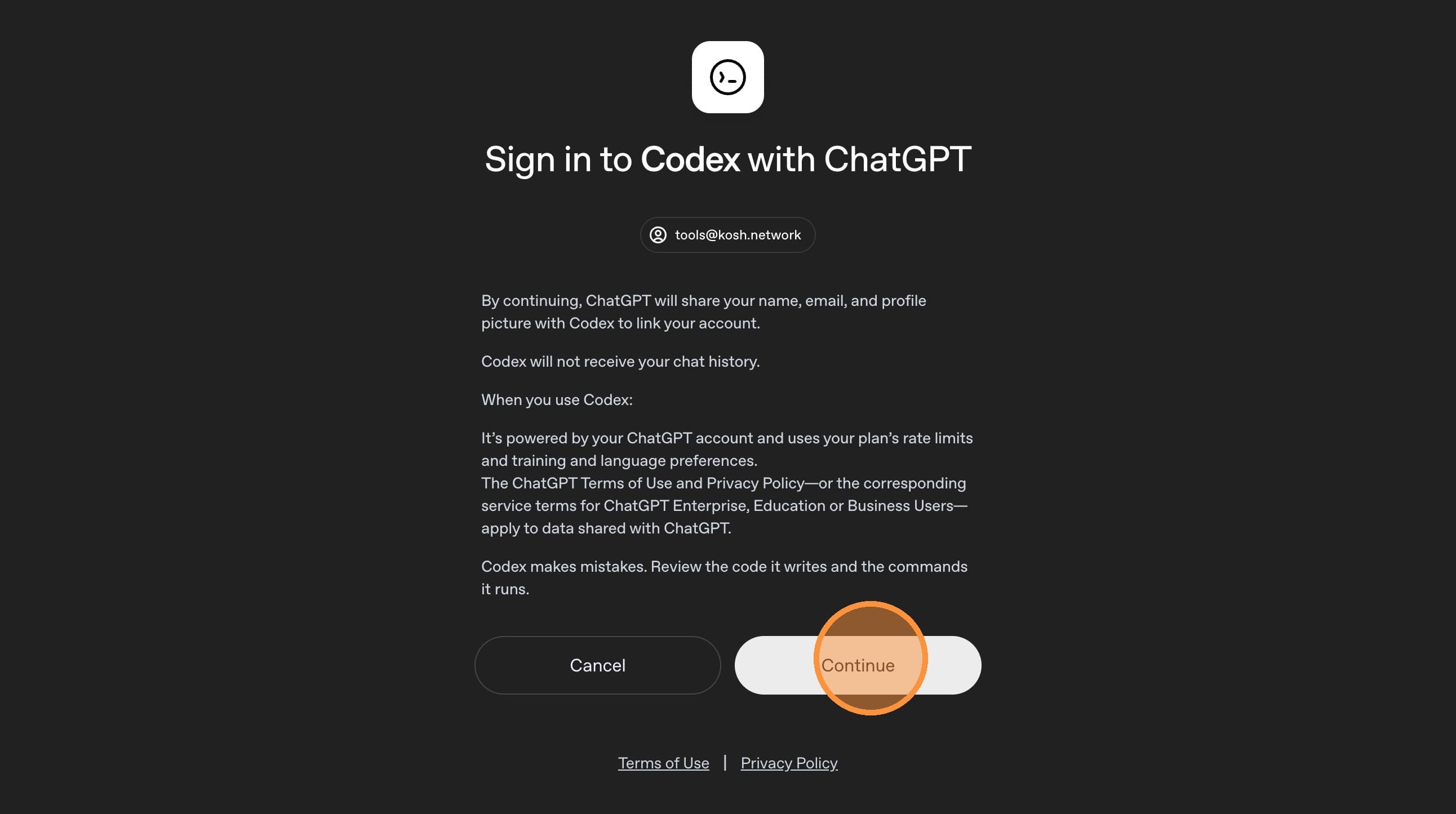 Click Continue to authorize