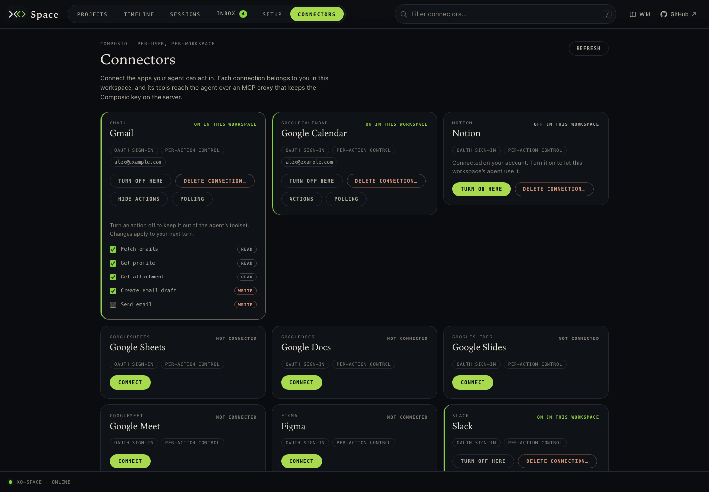 Actions drawer with per-action controls for the connected app
