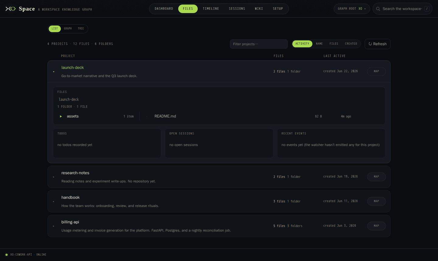 A project drawer: two-pane file explorer beside todos, sessions and events