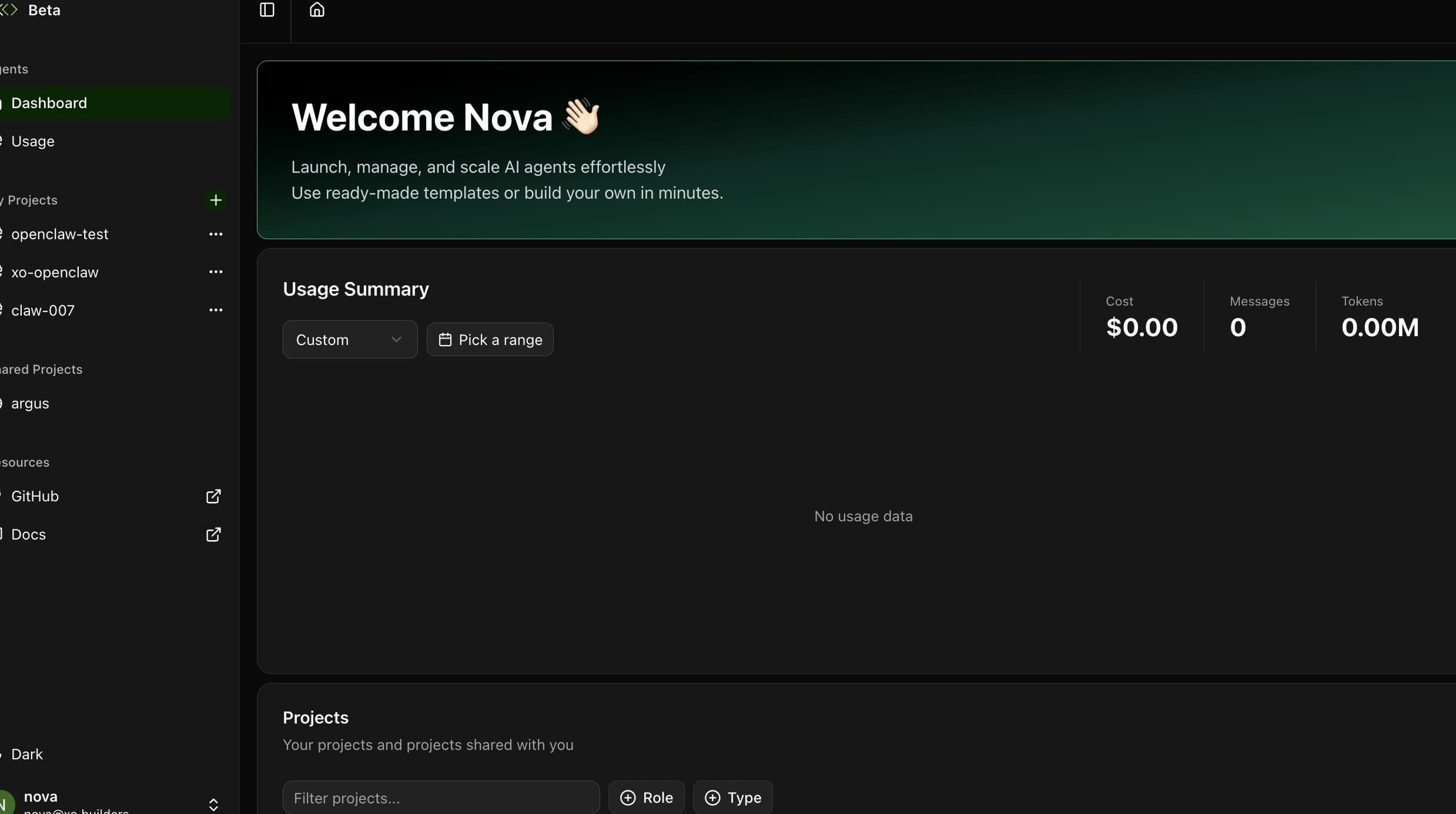 XO Builders dashboard