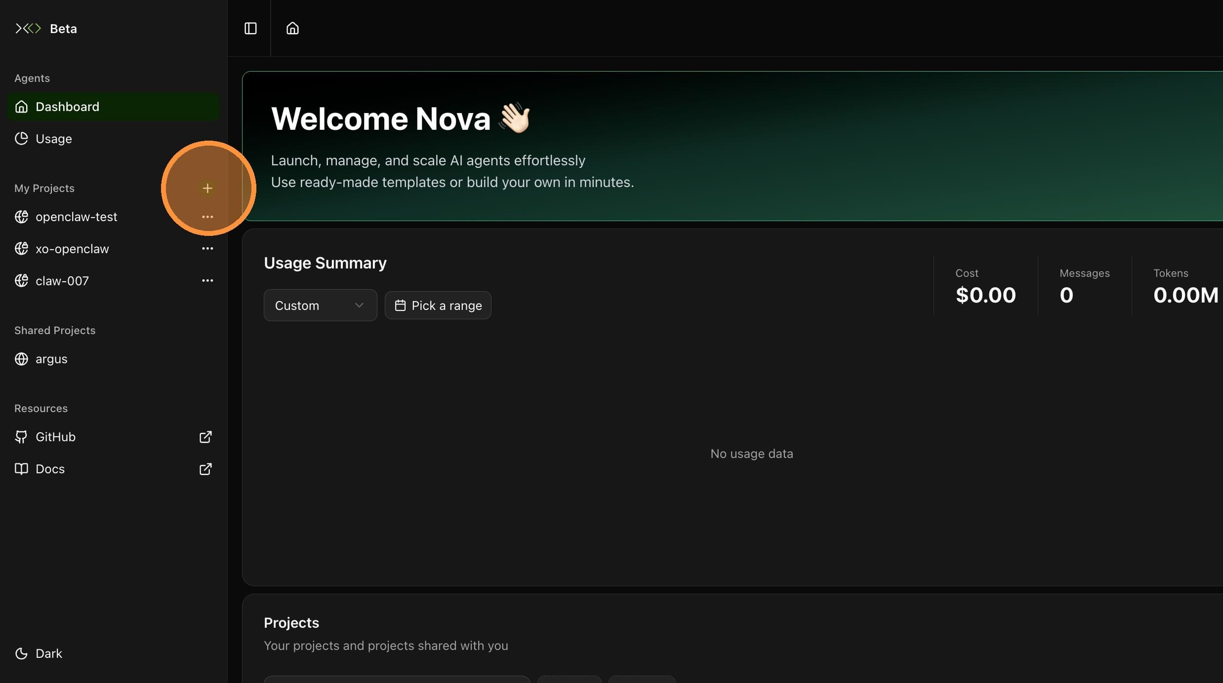 Click the + icon to create a new project