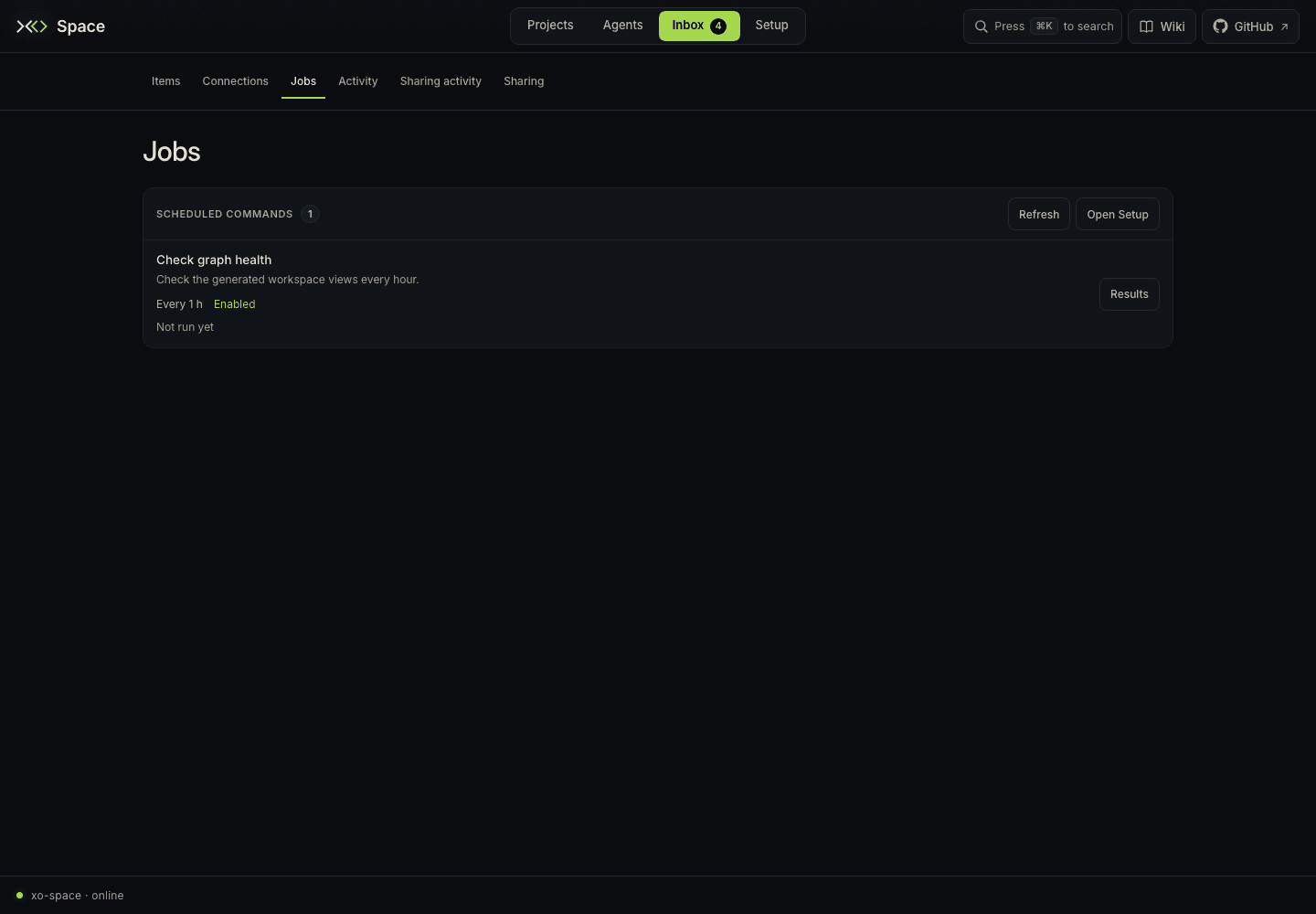 Inbox Jobs with cadence, next due time, and result controls