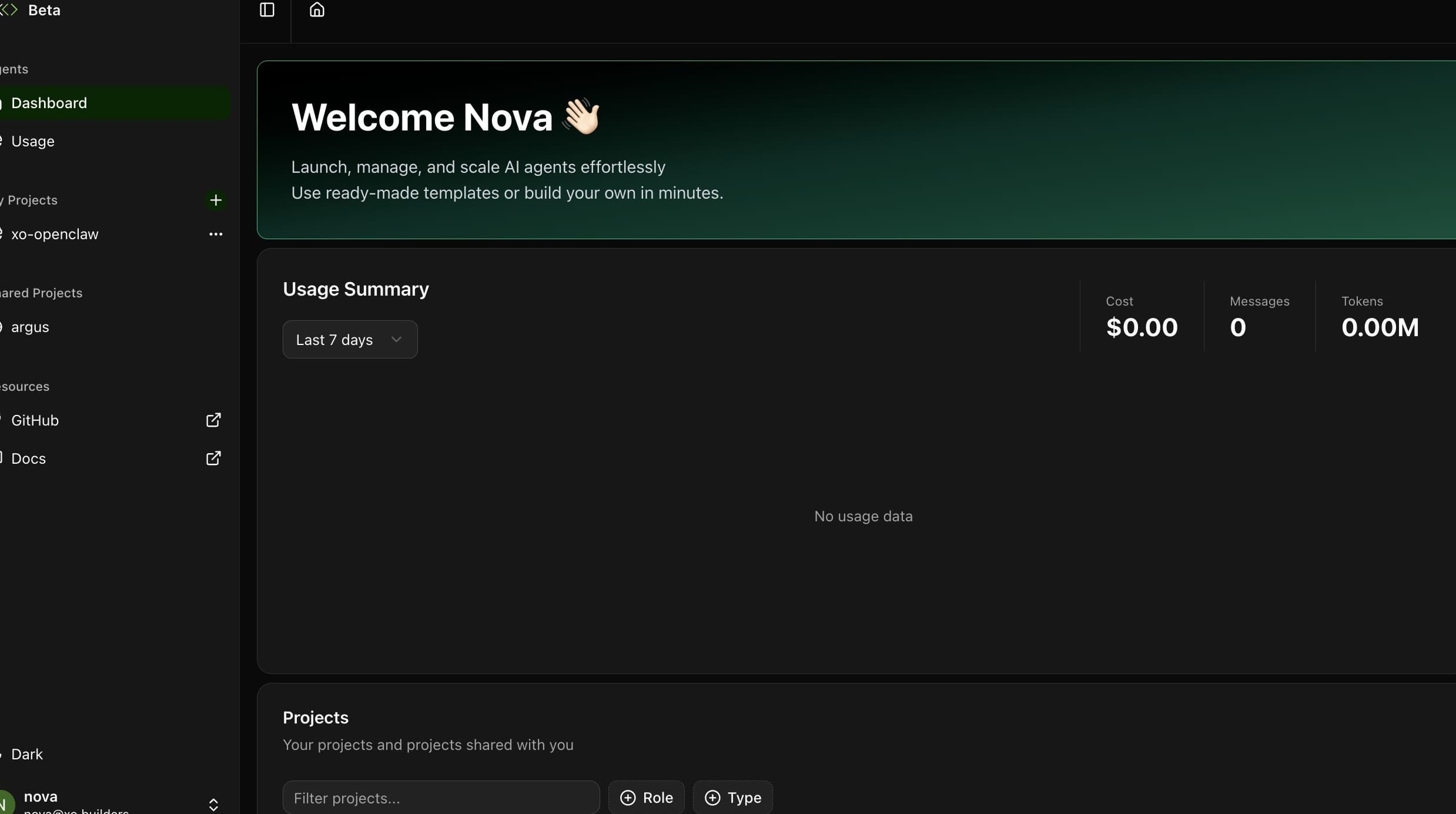 XO Builders dashboard