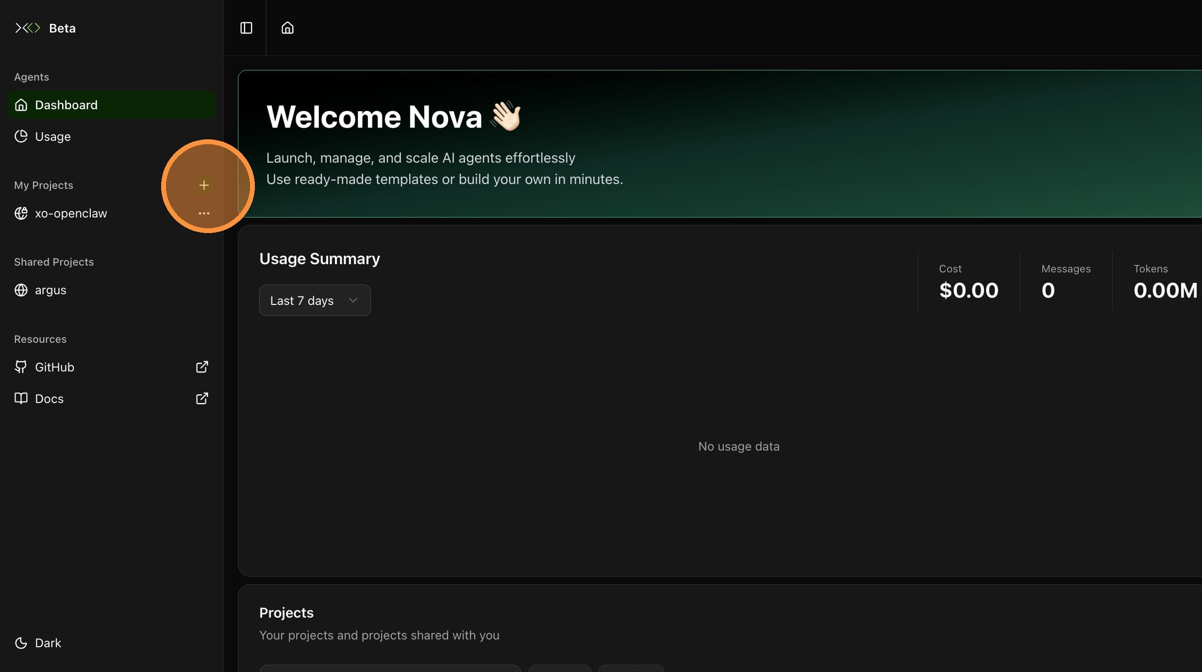 Click the + icon to create a new project