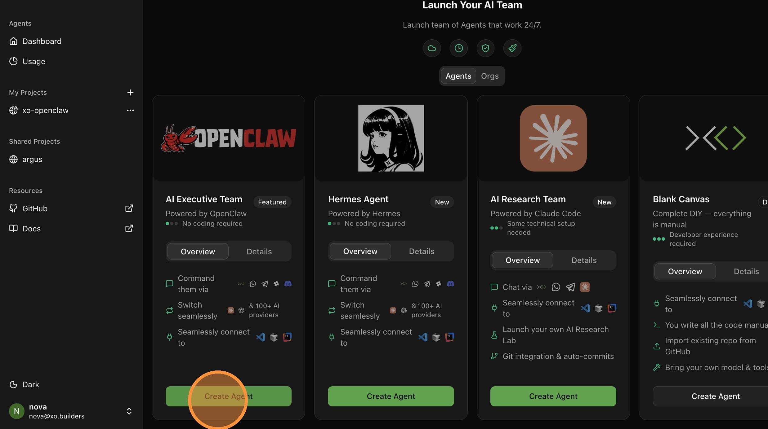 Select OpenClaw and click Create Agent