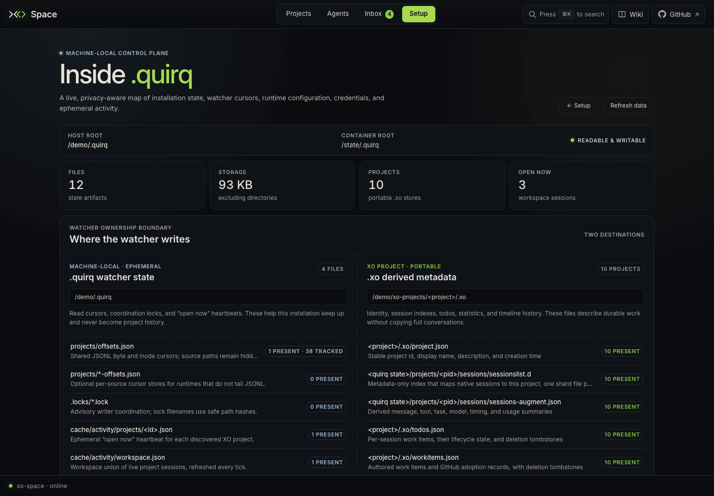 Quirq state view with machine-local and portable project records