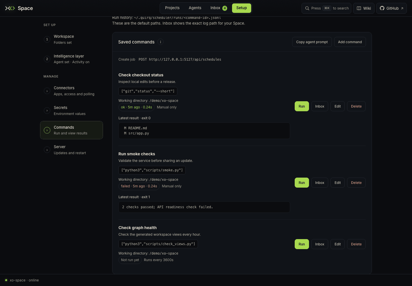 Saved manual and interval commands with their latest results