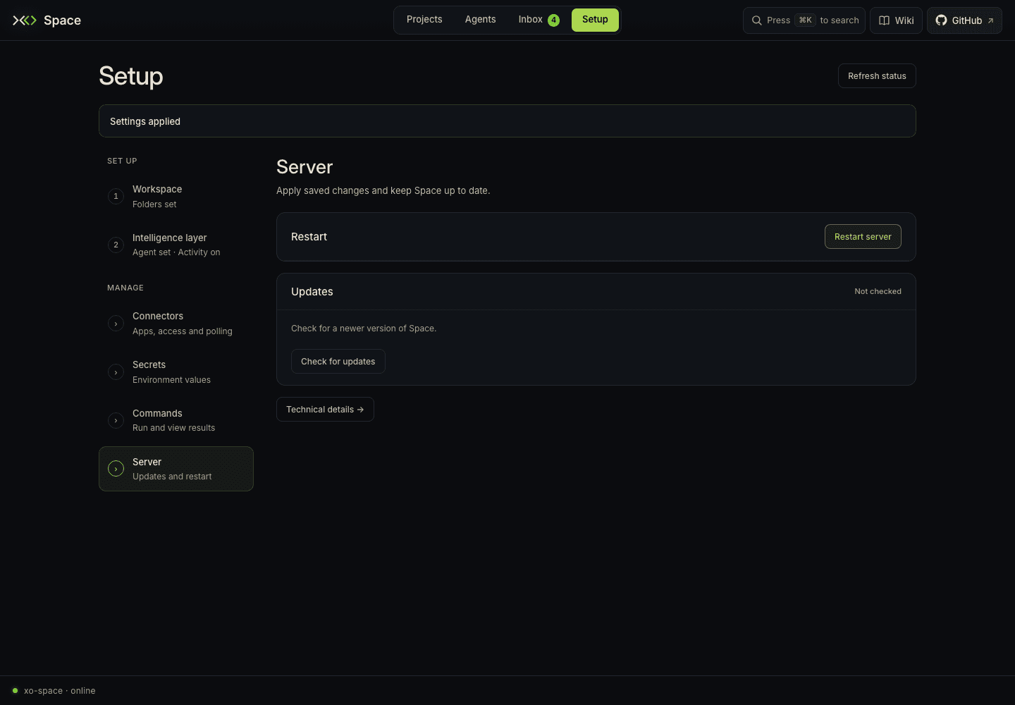 Server controls for restart, updates, and technical details