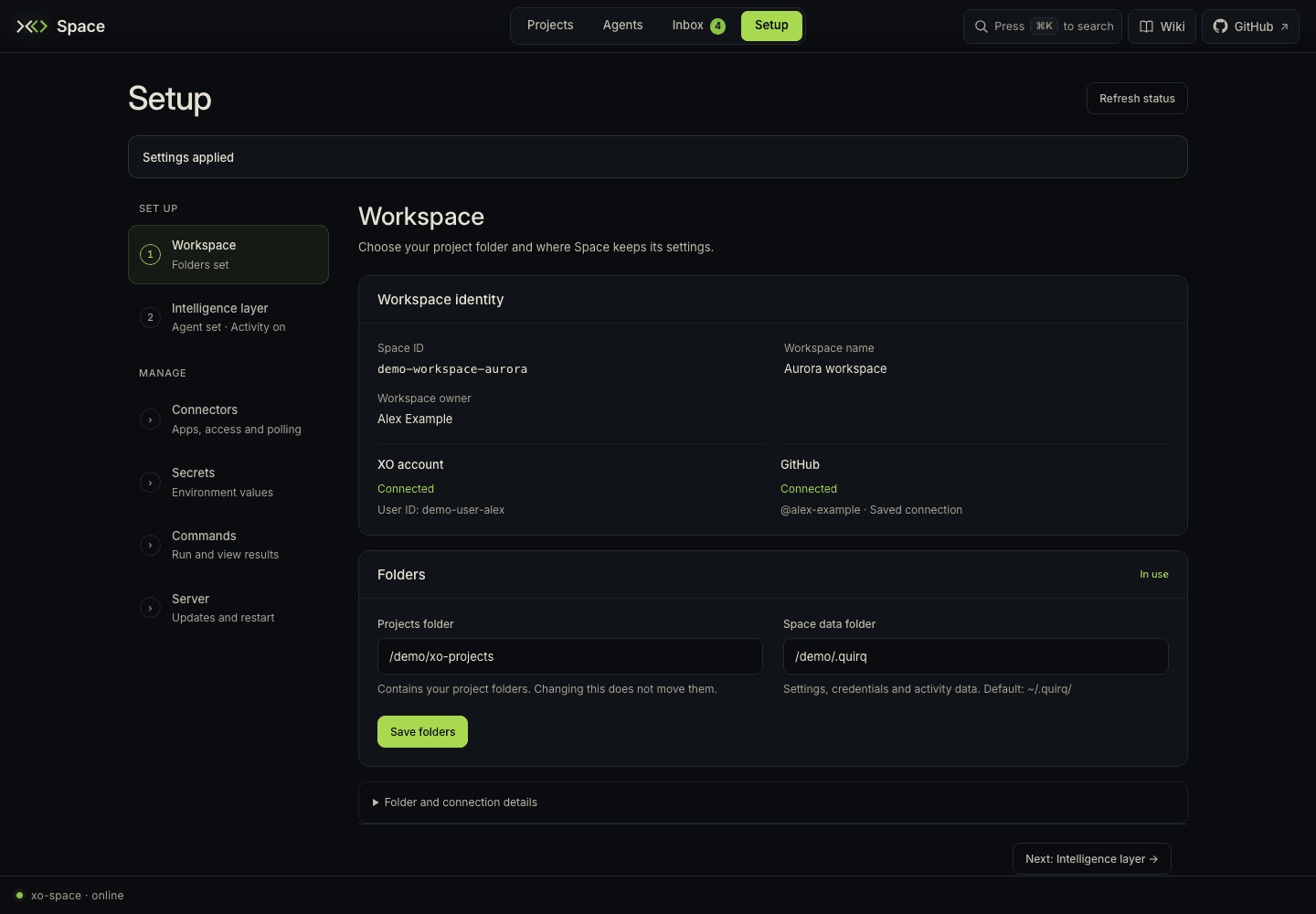 Setup Workspace shows configured roots and guided navigation