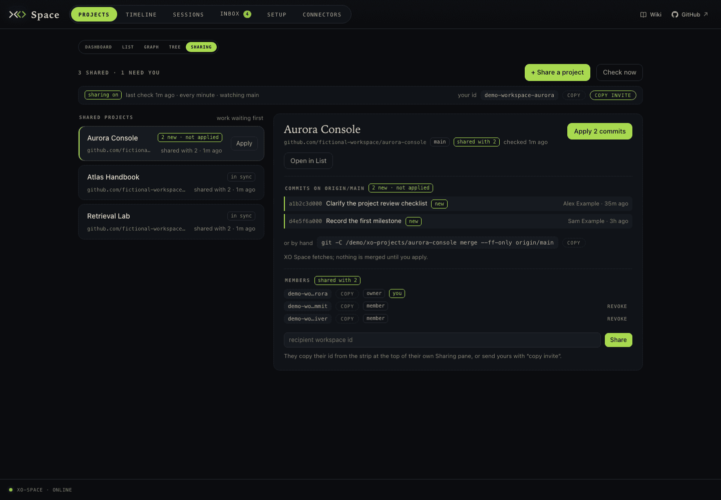 Sharing lens with project status, commit details, and member controls