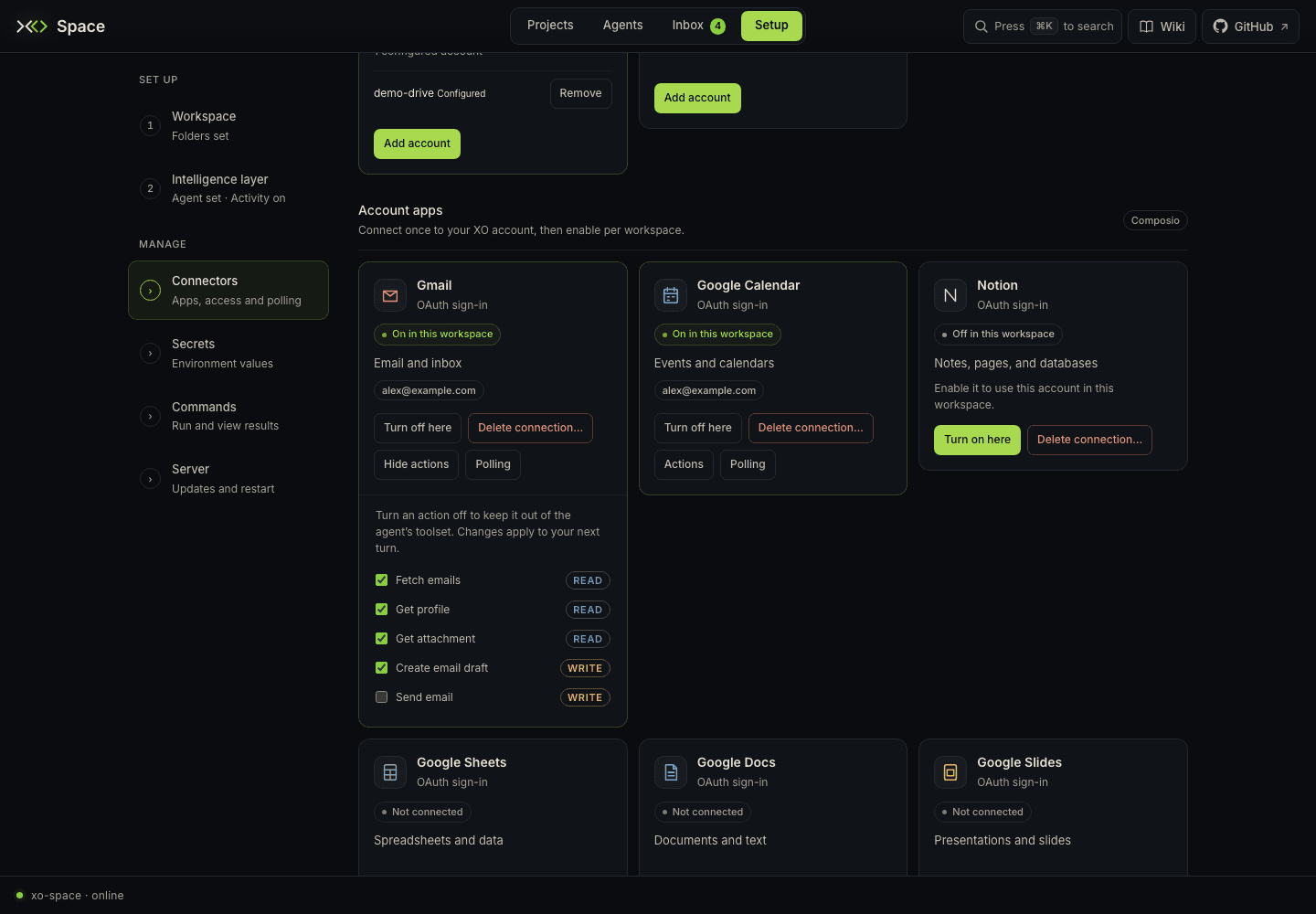 Actions drawer with per-action controls for the connected app